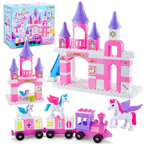 Unicorn Theme Classic Building Blocks for Toddlers, Princess Castle Building Bricks Playset with Number Train, Creative Educational Buildable Toys for Girls and Boys Ages 3 4 5 6-12