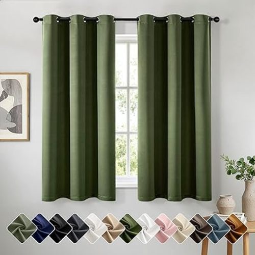 Olive Green Blackout Curtains for Bedroom Living Room 63 Inch Long 2 Panels, Solid Thermal Insulated Grommet Drapes, Room Darkening Sunlight Blocking Window Treatments, W40 x L63 Inch