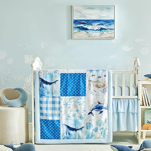 Patchwork Crib Bedding Set Blue Ocean Plaid Design 3 Pieces Baby Cute Quilted Comforter with Fitted Sheet and Bed Skirt - Whales Dolphins Turtles Seahorses Shell Marine Animals Style Crib Bed Set