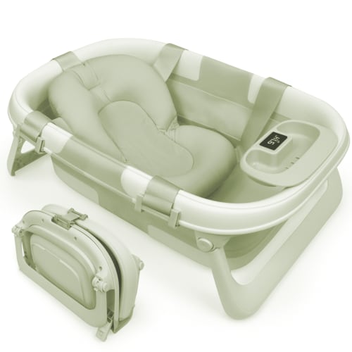 Jool Baby Fold ‘n Store Baby Bathtub – 3 Stage Collapsible Bather for Easy Storage, Portable for Travel – Built-in Thermometer (Sage)