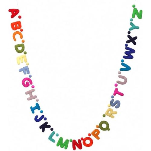 Glaciart One Alphabet Garland - Natural Handmade Wool ABC Letters & Balls - Decorative Wall Decor for Classroom, Playroom, Nursery, Baby, Toddler's Room - Ready-to-Hang Art - 7Ft., Rainbow-Colored