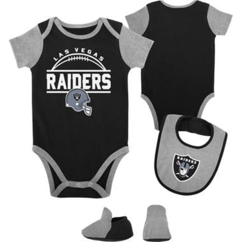 Newborn & Infant Black/Heather Gray Las Vegas Raiders Home Field Advantage Three-Piece Bodysuit, Bib & Booties Set, 6-9M