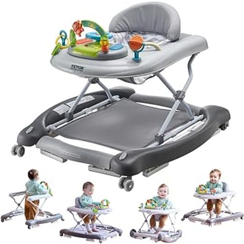 VEVOR 4-in-1 Baby Walker, Foldable Baby Activity Center with Wheels, 3 Adjustable Height, Music & Toys Tray, Learning-Seated | Walk-Behind | Rocker | Bouncer Toddler Walker for Boys Girls 6-24 Months