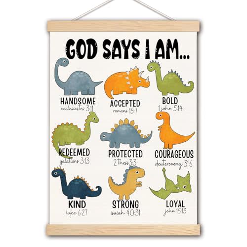 DNEULYR Dinosaur Wall Decor, God Says I am Nursery Wall Art With Wooden Poster Hanger, Dinosaur Room Decor for Boys, Toddler Little Boy Room Bedroom Nursery Decor, 12x16 Inch