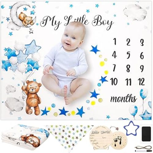 Baby Milestone Blanket for Boy Girl, Baby Monthly Milestone Growth Blanket Newborn Photography Background with Wooden Signs, Frames, Bandana