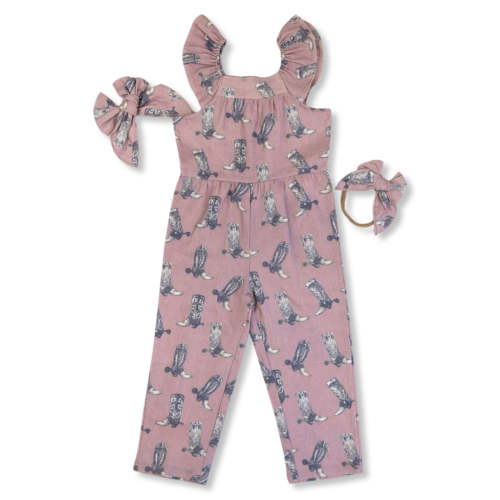 Dusty Rose Boots Cotton Linen Romper / Matching Bow – Cowkid Clothing Company