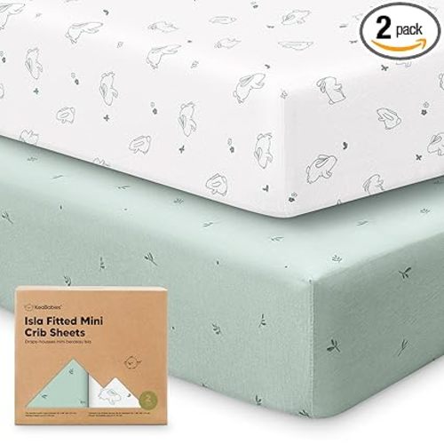 Pack and Play Sheets Fitted - 2-Pack Mini Crib Sheets for Pack N Play Mattress 38x26, Soft & Cozy, Neutral Toddler Playard Bedding, Snug Fitted Mini Baby Crib Mattress Cover Boy, Girl (Bunnies)