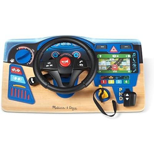 Melissa & Doug Vroom & Zoom, Interactive Wooden Dashboard, Racing Car Steering Wheel Toy, Lights & Sounds, Preschool Learning Toys for Girls & Boys 3+ - FSC Certified