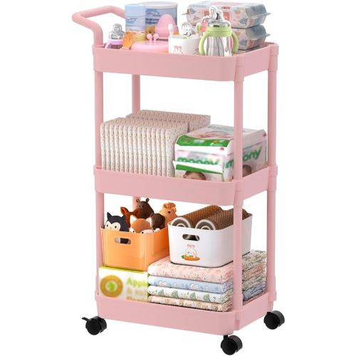Diaper Caddy - Plastic Diaper Organizer for Nursery Essentials, Baby Organizers and Storage, Movable Cart for Changing Table & Crib, Baby Registry Search, Pink