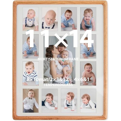 11x14 Picture Frame My First Year Photo Frame Baby Keepsake with Double Mat – 12 Small 2x3 & One 4x6 Photo Openings/with 8x10 Mat, Real Glass, Natural Teak Wood Frame for Wall or Tabletop Display