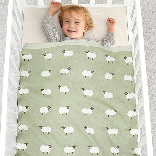 Baby Knit Blanket – Soft Cotton Infant Blanket with Cute Sheep Pattern, Stroller Cover & Nursery Throw, 27.5 x 35.4 Inch (Green)