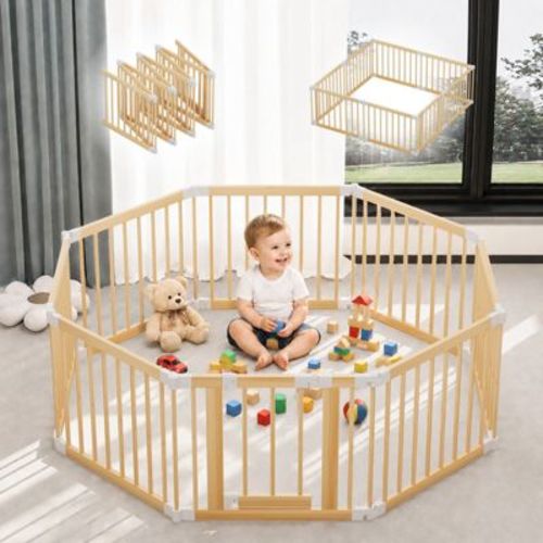 Foldable Wooden Baby Playpen, Adjustable Multi-Shape Baby Play Yard with Child-Proof Lock, Portable Wood Fence - Easy Assembly, 50 x 50 x 23.6 inches