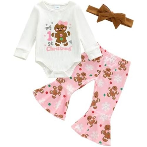 Kuriozud Newborn Baby Girl Bell Bottom Outfit Ruffle Romper Cute Bow Flare Pants Set Headband Cute Clothes