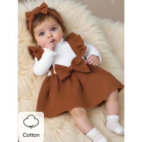 SHEIN Newborn Baby Girl White Long Sleeved Pit Stripe Spliced Red Corduroy Fabric Bow Dress And Headband Elegant Retro Cute | SHEIN