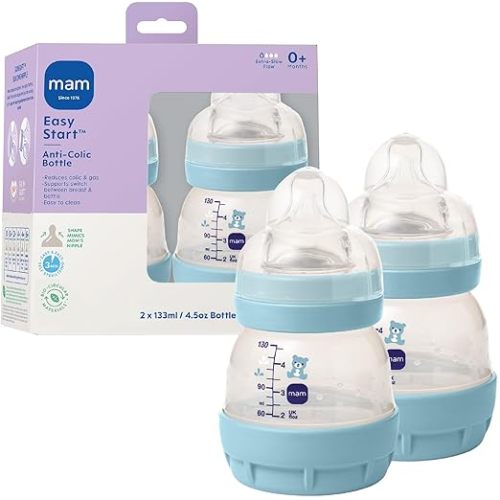 MAM 4.5oz Easy Start Anti-Colic+ Wide Neck Vented Baby Bottle, Extra Slow Flow Breastfeeding-Like Silicone Nipple, Reduces Colic, Gas & Reflux, Easy Clean, BPA Free, 0+ Months, Made in Europe, Boy