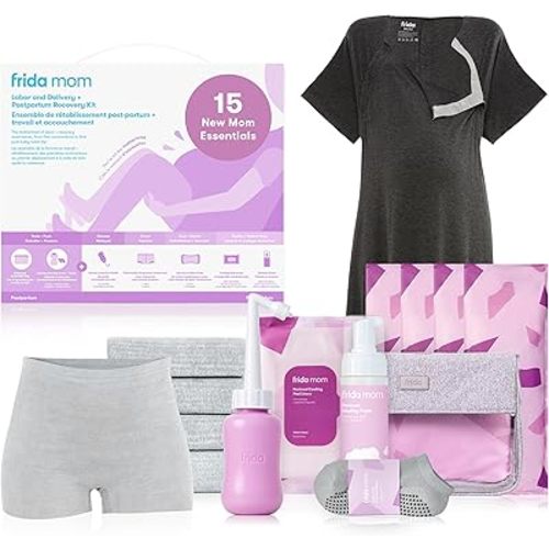 Frida Mom 15pc Labor, Delivery, & Postpartum Kit Gift Set for Baby Showers & Mom to Be, Includes Peri Bottle, Nursing Gown, Disposable Underwear, Ice Maxi Pads, Pad Liners, Perineal Foam, Socks & Toiletry Bag