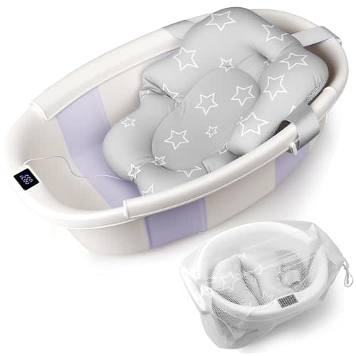 EverKiddo Baby Bathtub, Baby Bath Tub with Thermometer & Soft Cushion, Collapsible Infant Bathtub for Newborn to Toddler 0-36 Months, Quick Use & Portable for Travel(Purple)
