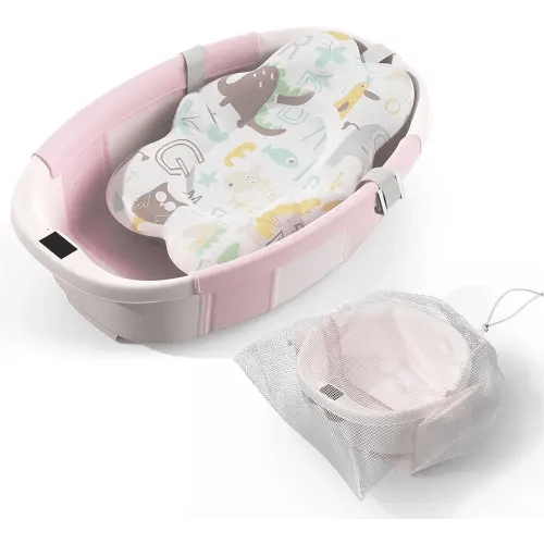 Collapsible Baby Bathtub, 3s to Install, Baby Bath Tub with Soft Cushion & Thermometer, 0-36 Months Newborn Bathtub,Portable Travel Baby Tub, Pink