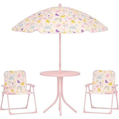 Qaba Kids Picnic Table and Chair Set, Outdoor Activity Table with Foldable Chairs, Removable Umbrella, Rainbow Pattern Toddler Patio Furniture for Backyard, Garden, Pink