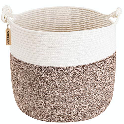Goodpick Woven Laundry Basket, 15 x 14.2 Inches Cotton Rope Basket for Blankets, Soft Blanket Storage Baskets with Handles for Living Room, Woven Toy Storage Organizer for Nursery, Brown
