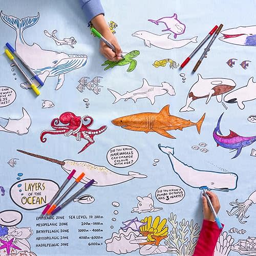 eatsleepdoodle Coloring Under The Sea Tablecloth for Kids – Reusable Washable Table Cover with 10pcs Washable Markers, Fun Arts & Crafts for Boys & Girls, Activity Blanket for Parties, Birthdays