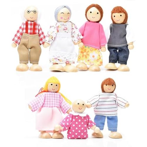 7-Piece Wooden Dolls for Dollhouse Family Set, Mini People Figures for Doll House People Role Play