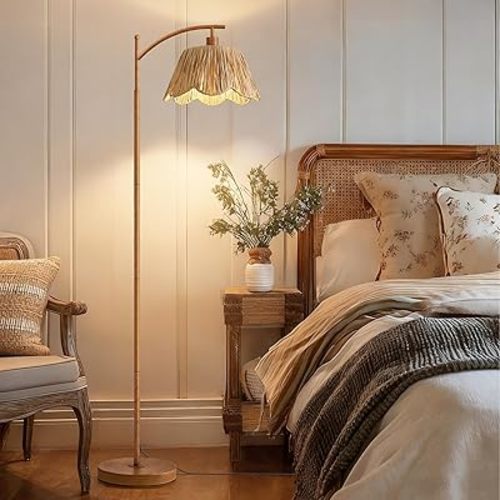 Nursery Rattan Boho Floor Lamp with Remote & Dimmable Bulb 3 Color Temperatures | Light Walnut