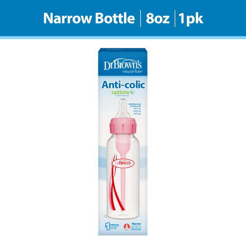 Dr. Brown’s Natural Flow Anti-Colic Options+ Narrow Baby Bottle, Pink, 8oz, Slow Flow, 0m+, 1 Pack