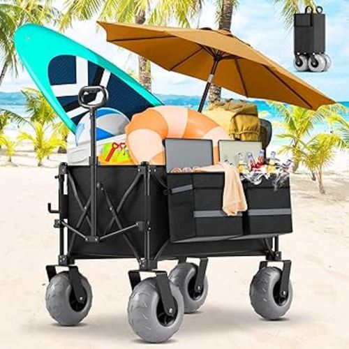 Beach Wagon with Big Wheels for Sand Heavy Duty Collapsible Wagon with 9" All Terrain Inflatable Tires, Foldable Beach Cart for Camping Outdoor Grocery Shopping Garden Sports