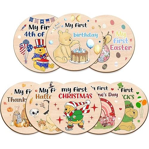 8Pcs Winnie My First Holiday Baby Milestones Circles, The Pooh Birthday Baby Stuff, Double-Sided Printing Months Baby Milestone Wooden Keepsake, Wooden Circles Stuff for for Documenting Growth