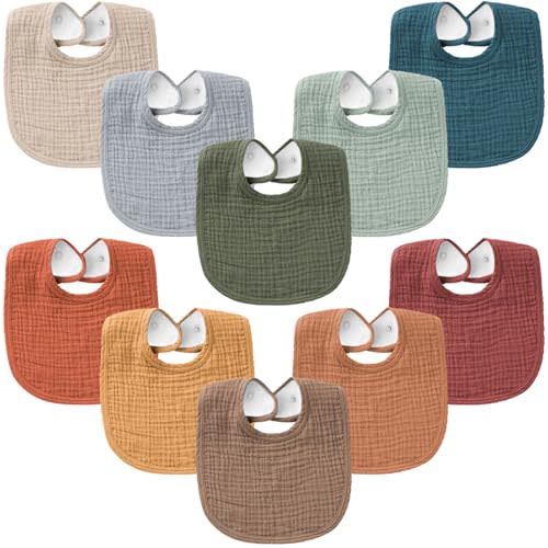 Konssy 10-Pack Muslin Baby Bibs, Soft Cotton Bandana Bibs for Drooling & Teething, Unisex Solid Colors for Boys & Girls, Newborn & Infant