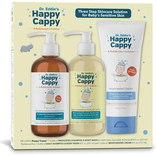 Happy Cappy Three Step Skincare Solution Bundle- Baby Dandruff Shampoo, Eczema Body Wash and Lotion for Kids & Toddlers, Moisturizing Cream, Reduces Itching, Dermatologist Tested, Fragrance-Free