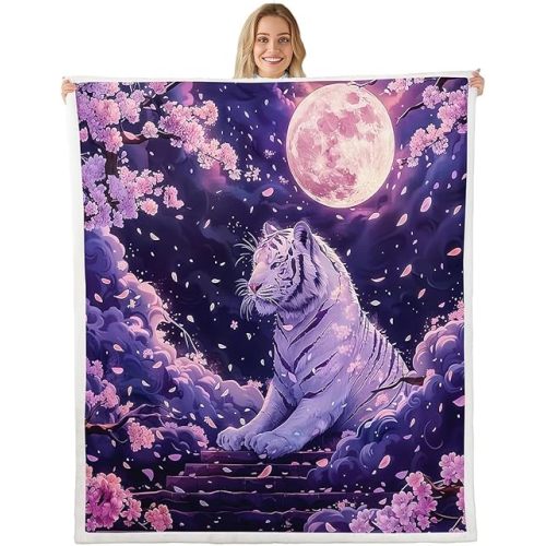 Erosebridal White Tiger Blanket Baby 30x40,Oriental Cherry Blossom Plush Blanket for Kids Boys Girls,Japanese Anime Bed Blankets,Wild Animal Room Decor,Luxury Soft