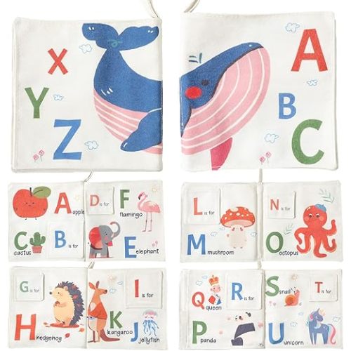 Interactive Alphabet Cloth Book for Babies, 26 Letters Lift-The-Flap Learning Toy with Colorful Animal Illustrations, Soft & Washable Fabric Book for Infants and Toddlers