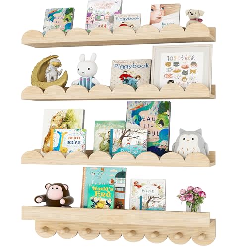 CLLASOU 24 Inch Nursery Book Shelves with Hooks, 4-Pack Floating Shelves for Wall, Scalloped Shelves, Wall Book Shelves for Kids Room, Toddler Room, Baby Room, Nursery Decor