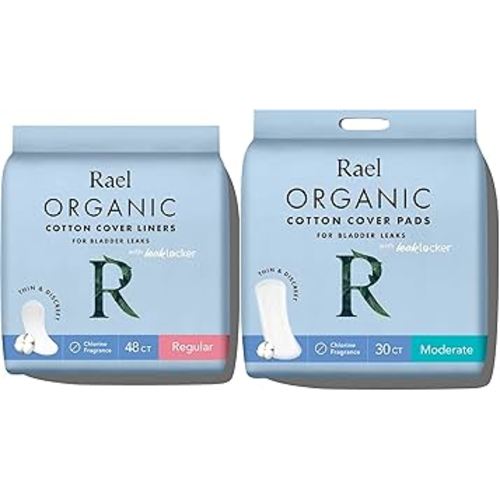 Rael Bundle - Organic Cotton Cover Incontinence Regular Liners (48 Count) & Moderate Pads (30 Count) for Bladder Control and Postpartum