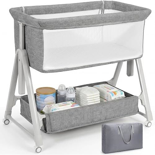 Cowiewie Baby Bassinet Bedside Crib,3-in-1 Baby Bassinet with Comfy Mattress & Wheel,Easy Folding Portable Bedside Bassinet for Baby with Storage,Travel Bag,Breathable Mesh,Stable & Secure,Light Grey