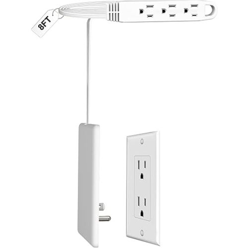 8FT Ultra Flat Plug Extension Cord Power Strip with 3 Outlets, Patented Detachable Ultra-Thin Outlet Cover Concealer & Ultra-Flat Plug, Max. 13A 125V 1625W ETL Listed, White Color