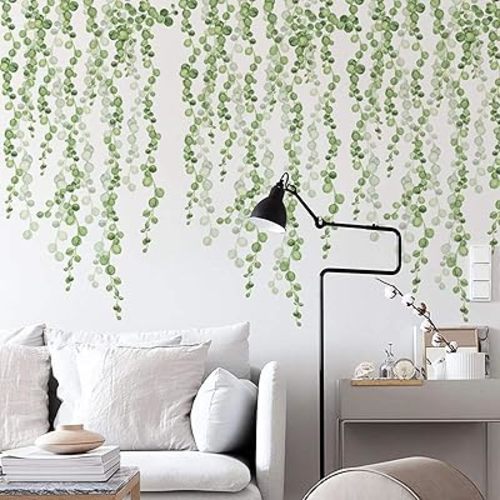 ROFARSO 6 Sheets Hanging String of Pearls Vine Wall Stickers Leaves Green Plants Removable PVC Wall Decals Peel and Stick Decorations Decor for Bedroom Living Room Office Murals(3 Sets)