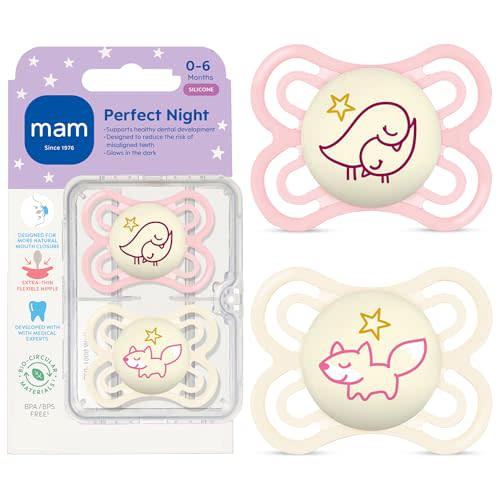MAM Perfect Baby Pacifier 0-6 Months, Extra Thin Nipple, Developed with Orthodontists, Clinically Proven, Glows in The Dark, BPA-Free Silicone, Pack of 2, Made in Europe