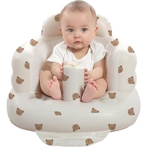 Inflatable Baby Seat for Babies 3-36 Months, Built in Air Pump Baby Chair Sit Me up Floor Seat for Baby, Bumbo Seat for Learning to Sit, Feeding, Camping (Bear)