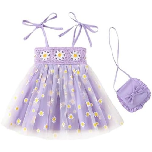 Baby Girl Summer Floral Smocked Tulle Fairy Dress with Purse Set