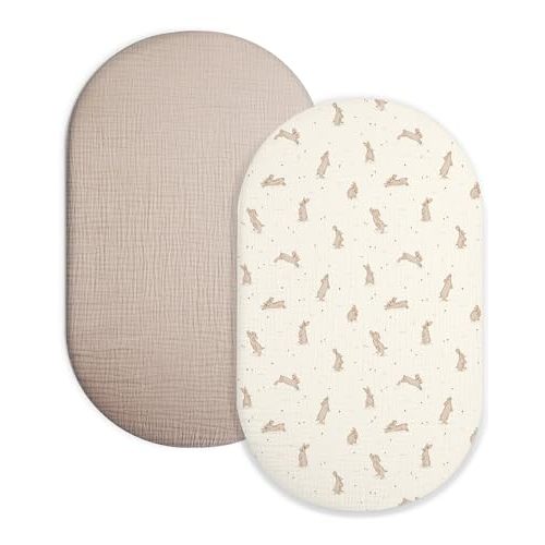 Bassinet Sheet for Baby Boy and Girl 2 Pack, Fitted Sheets for Rectangle, Oval, Hourglass Bassinet Mattress, Muslin Moses Basket Sheets with Neutral Style (Hopping Bunnies & Beige)