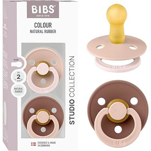 BIBS Colour Studio Pacifier 2-Pack, BPA Free, Round Nipple. Natural Rubber Latex, Made in Denmark, Size 2 (6-18 Months) - Blush/Woodchuck