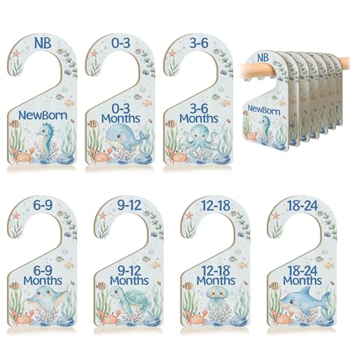 7 PCS Under The Sea Closet Dividers for Baby Clothes, Wooden Ocean Animal Nursery Wardrobe Organizer with Double-Sided Size Labels for Newborn to 24 Months, Coastal Baby Room Decor