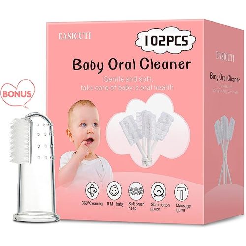 102PCS Baby Tongue Cleaner,Baby Oral Cleaner Newborn Baby Toothbrush,Disposable Infant Toothbrush Clean Baby Mouth,Gauze Gum Cleaner Stick Dental Care for 0-36 Month Baby+1 Finger Toothbrush with Case - 102 Count (Pack of 1)