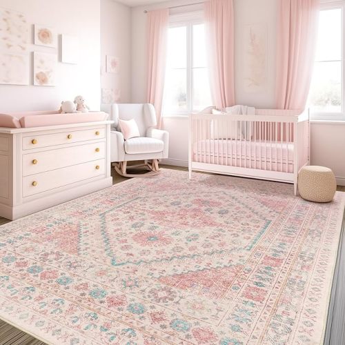 zesthome 6x9 Washable Rugs for Baby Girl, Super Soft Pink Rugs for Nursery Room, Non-Slip Stain Resistant Bedroom Rug, Ultra-Thin Large Area Rug (Pink/Blue,6'x9')