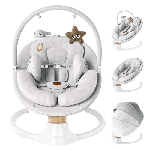 Babyomi Portable Baby Swings for Infants to Toddler, Electric Swing with Music Speaker, 3 Seat Positions , 5 Speeds, and Remote Control - Infant Swing for Indoor and Outdoor, Grey