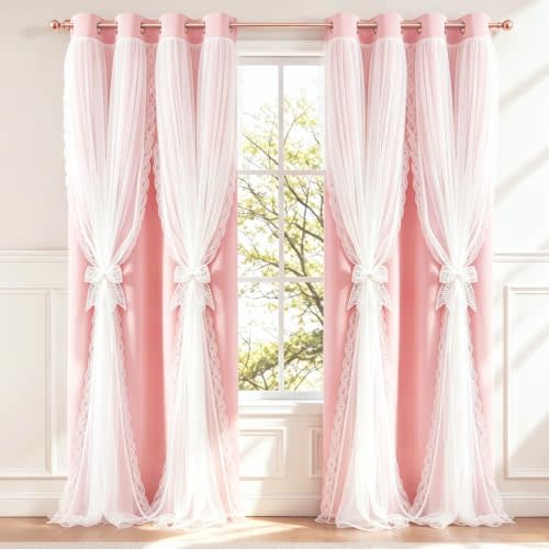 Pink Blackout Curtains with White Sheer for Living Room 84 inch Long | Double Layer Bow Curtains with Lace Trim Sheer Overlay for Bedroom/Nursery,Thermal Insulated Princess Drapes,2 panels,52"W