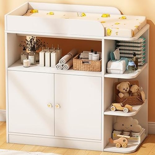 Wanan Changing Table, Baby Dresser with Changing Table Top, Changing Table Dresser with Large Cabinet and 4 Open Shelves, Diaper Changing Station with Crystal Knobs for Nursery (No Pad)